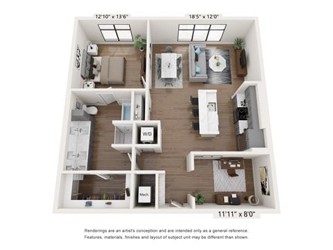 Floor plan for 1 bed, 1 bath, 1084 sqft